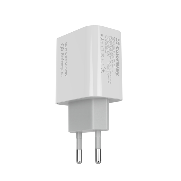 Мережевий зарядний пристрій ColorWay Power Delivery Port PPS USB Type-C (30W) білий (CW-CHS038PD-WT), зображення 5