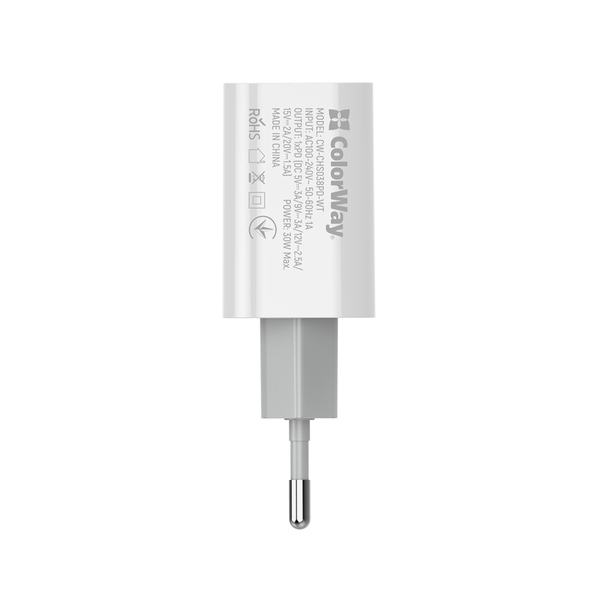 Мережевий зарядний пристрій ColorWay Power Delivery Port PPS USB Type-C (30W) білий (CW-CHS038PD-WT), зображення 7