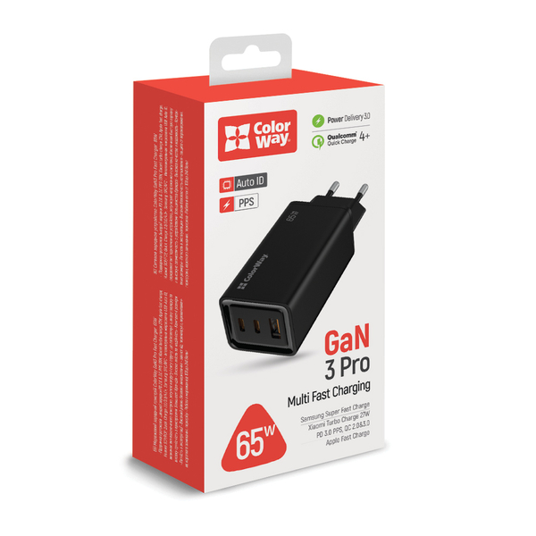 Мережевий зарядний пристрій ColorWay GaN3 Pro Power Delivery (USB-A + 2 USB TYPE-C) (65W) чорний (CW-CHS039PD-BK)