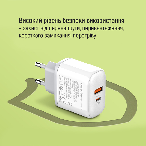 Мережевий зарядний пристрій ColorWay Power Delivery Port PPS USB (Type-C PD + USB QC3.0) (45W) білий (CW-CHS042PD-WT), зображення 15