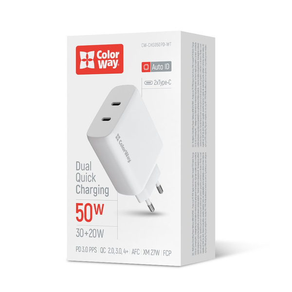 Мережевий зарядний пристрій ColorWay GaN Mini 50W PD Port PPS USB (Type-C PD 30W + Type-C PD 20W) білий (CW-CHS050PD-WT)