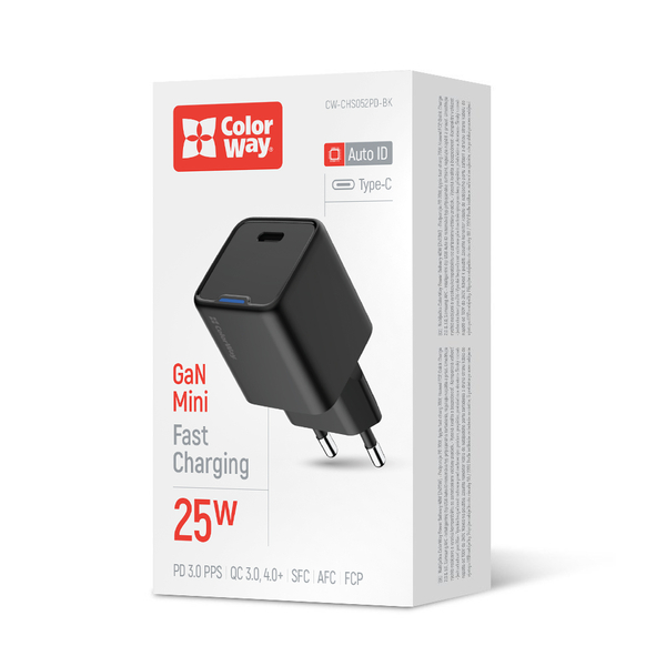 Мережевий зарядний пристрій ColorWay GaN Mini 25W PD Port PPS USB-C чорний (CW-CHS052PD-BK)