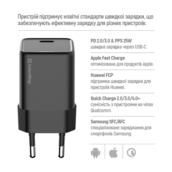 Мережевий зарядний пристрій ColorWay GaN Mini 25W PD Port PPS USB-C чорний (CW-CHS052PD-BK), зображення 9