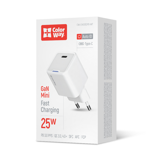 Мережевий зарядний пристрій ColorWay GaN Mini 25W PD Port PPS USB-C білий (CW-CHS052PD-WT)