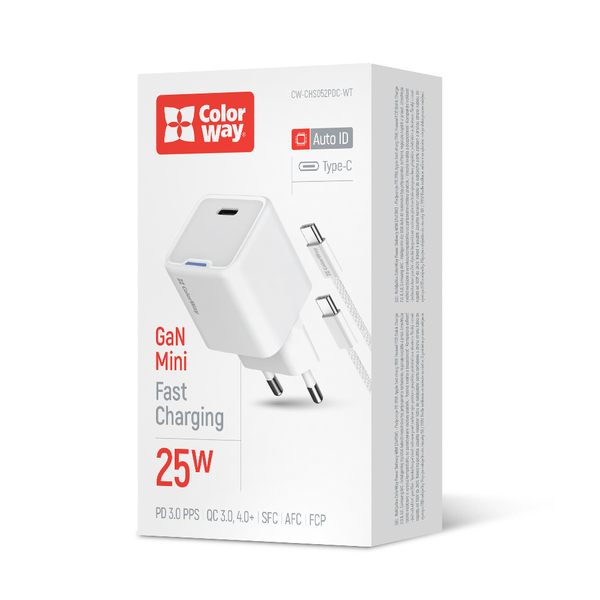 Мережевий зарядний пристрій ColorWay GaN Mini 25W PD Port PPS USB-C білий cable Type-C (CW-CHS052PDC-WT)