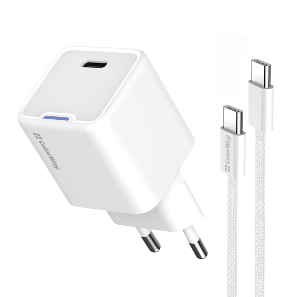 Мережевий зарядний пристрій ColorWay GaN Mini 25W PD Port PPS USB-C білий cable Type-C (CW-CHS052PDC-WT), зображення 2