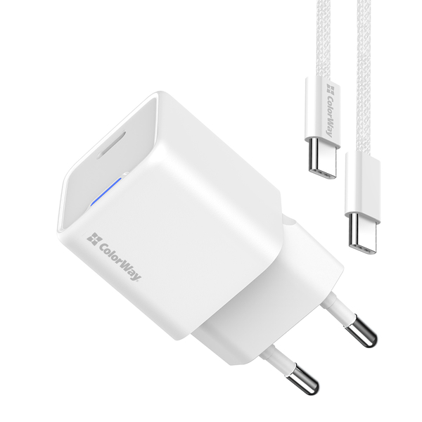 Мережевий зарядний пристрій ColorWay GaN Mini 25W PD Port PPS USB-C білий cable Type-C (CW-CHS052PDC-WT), изображение 4