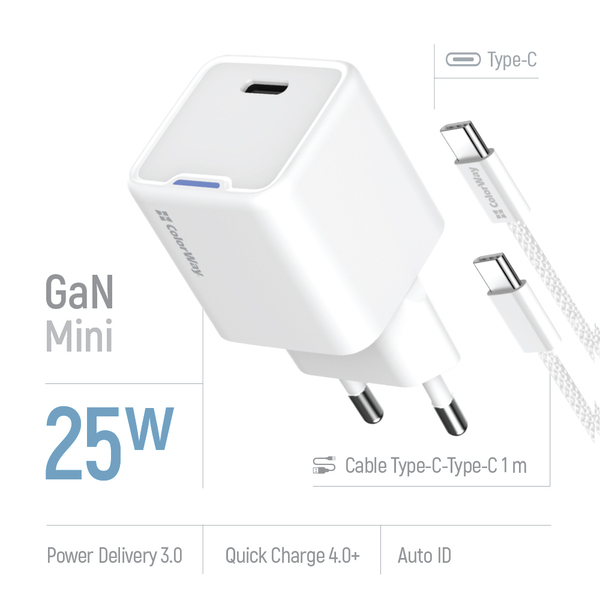 Мережевий зарядний пристрій ColorWay GaN Mini 25W PD Port PPS USB-C білий cable Type-C (CW-CHS052PDC-WT), изображение 7