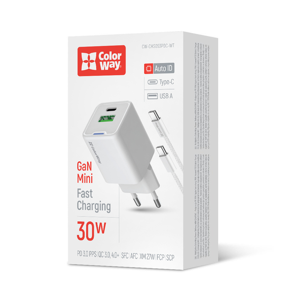 Мережевий зарядний пристрій ColorWay GaN Mini 30W PD Port PPS USB (Type-C PD + USB QC4.0) cable Type-C (CW-CHS053PDC-WT)