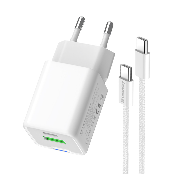 Мережевий зарядний пристрій ColorWay GaN Mini 30W PD Port PPS USB (Type-C PD + USB QC4.0) cable Type-C (CW-CHS053PDC-WT), изображение 5