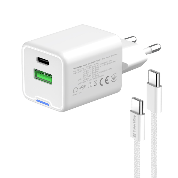 Мережевий зарядний пристрій ColorWay GaN Mini 30W PD Port PPS USB (Type-C PD + USB QC4.0) cable Type-C (CW-CHS053PDC-WT), зображення 6