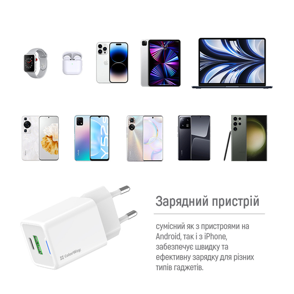 Мережевий зарядний пристрій ColorWay GaN Mini 30W PD Port PPS USB (Type-C PD + USB QC4.0) cable Type-C (CW-CHS053PDC-WT), зображення 12