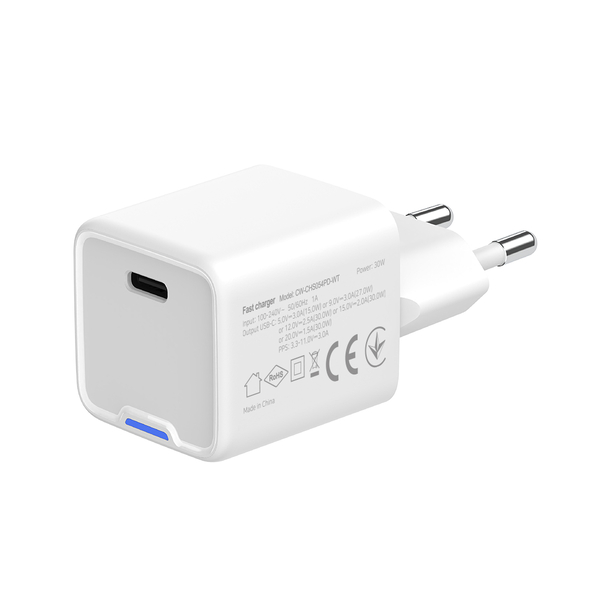 Мережевий зарядний пристрій ColorWay GaN Mini 30W PD Port PPS USB-C білий (CW-CHS054PD-WT), изображение 6