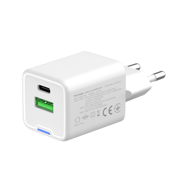 Мережевий зарядний пристрій ColorWay GaN Mini 35W PD Port PPS USB (Type-C PD + USB QC4.0) білий (CW-CHS055PD-WT), изображение 6