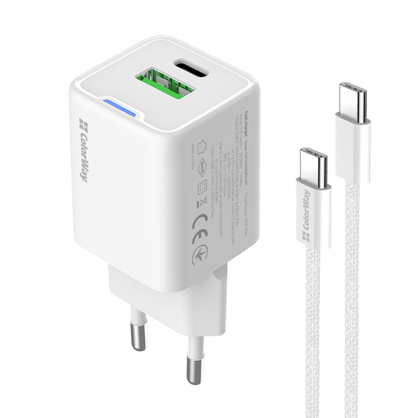 Мережевий зарядний пристрій ColorWay GaN Mini 35W PD Port PPS USB (Type-C PD + USB QC4.0) cable Type-C (CW-CHS055PDC-WT), изображение 3