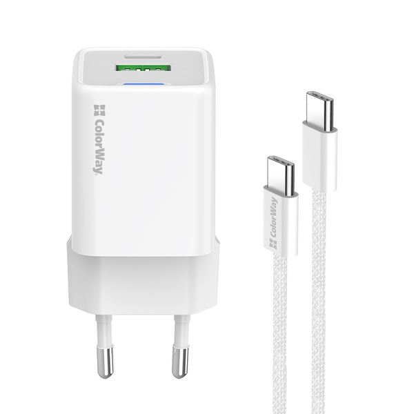 Мережевий зарядний пристрій ColorWay GaN Mini 35W PD Port PPS USB (Type-C PD + USB QC4.0) cable Type-C (CW-CHS055PDC-WT), изображение 4