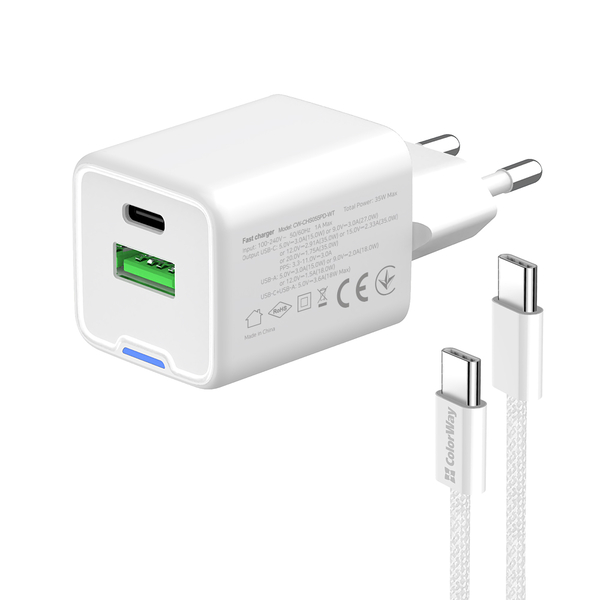 Мережевий зарядний пристрій ColorWay GaN Mini 35W PD Port PPS USB (Type-C PD + USB QC4.0) cable Type-C (CW-CHS055PDC-WT), изображение 6