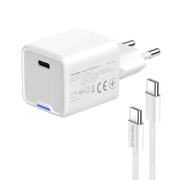 Мережевий зарядний пристрій ColorWay GaN Mini 35W PD Port PPS USB-C білий cable Type-C (CW-CHS056PDC-WT), зображення 6