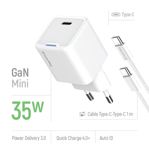 Мережевий зарядний пристрій ColorWay GaN Mini 35W PD Port PPS USB-C білий cable Type-C (CW-CHS056PDC-WT), зображення 7