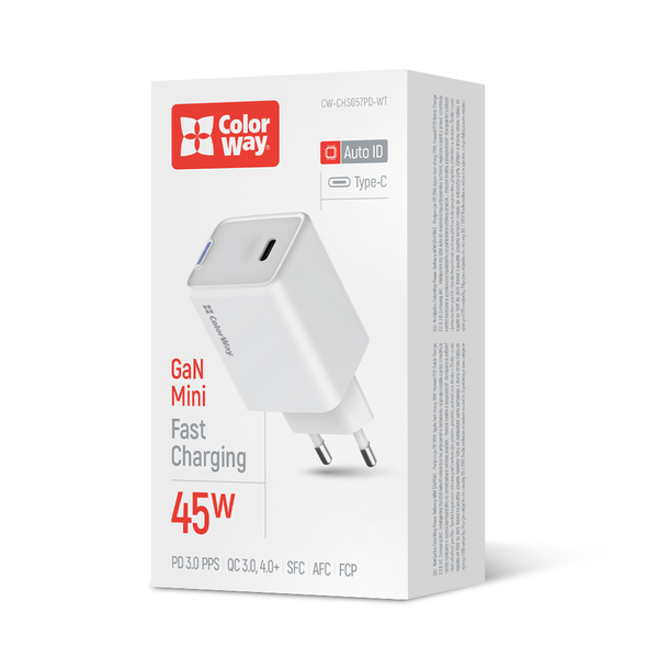 Мережевий зарядний пристрій ColorWay GaN Mini 45W PD Port PPS USB-C білий (CW-CHS057PD-WT)