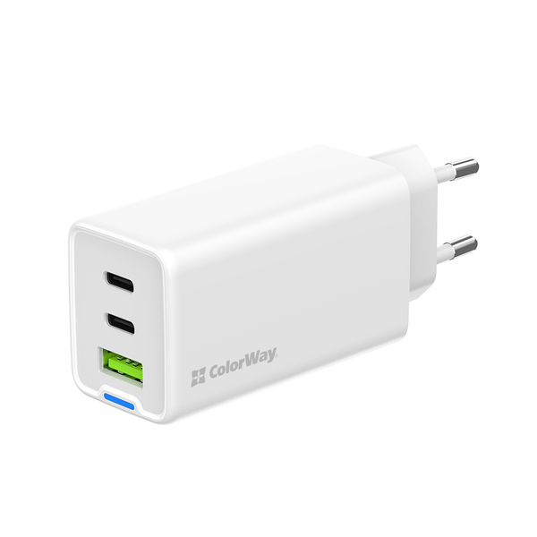 Мережевий зарядний пристрій ColorWay GaN Mini 65W PD Port PPS USB (USB-2C1A) білий (CW-CHS058PD-WT), изображение 2