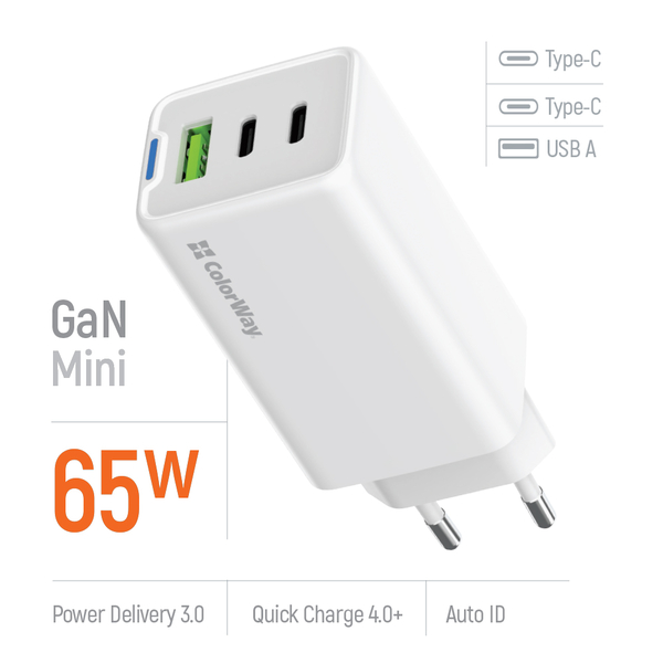 Мережевий зарядний пристрій ColorWay GaN Mini 65W PD Port PPS USB (USB-2C1A) білий (CW-CHS058PD-WT), изображение 7