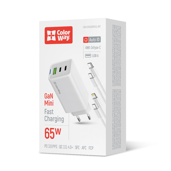 Мережевий зарядний пристрій ColorWay GaN Mini 65W PD Port PPS USB (USB-2C1A) cable Type-C&Lightning (CW-CHS058PDCL-WT)