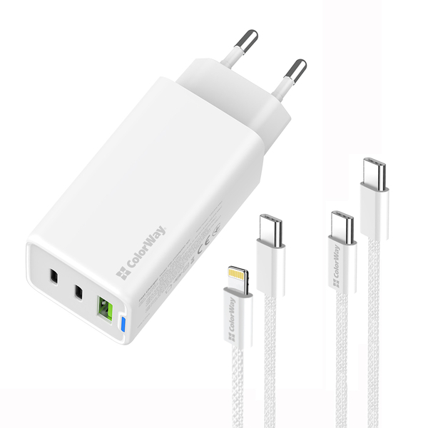 Мережевий зарядний пристрій ColorWay GaN Mini 65W PD Port PPS USB (USB-2C1A) cable Type-C&Lightning (CW-CHS058PDCL-WT), изображение 2