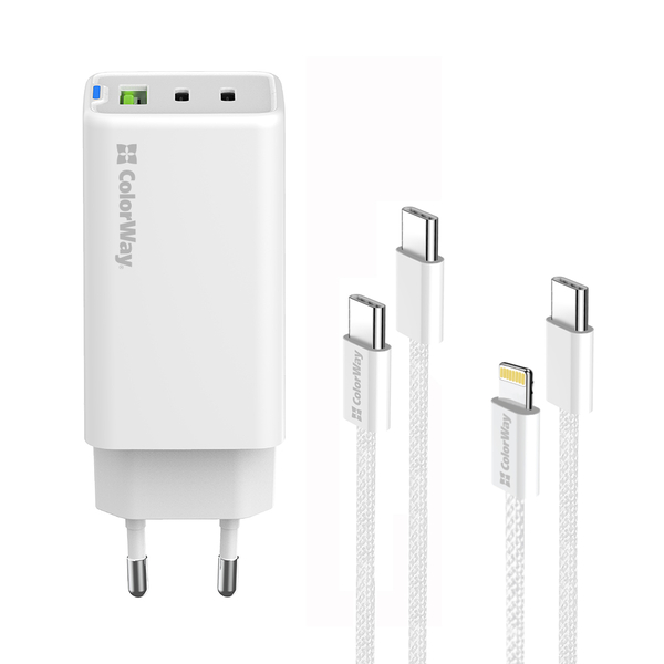 Мережевий зарядний пристрій ColorWay GaN Mini 65W PD Port PPS USB (USB-2C1A) cable Type-C&Lightning (CW-CHS058PDCL-WT), изображение 3