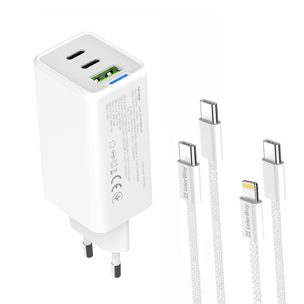 Мережевий зарядний пристрій ColorWay GaN Mini 65W PD Port PPS USB (USB-2C1A) cable Type-C&Lightning (CW-CHS058PDCL-WT), изображение 4
