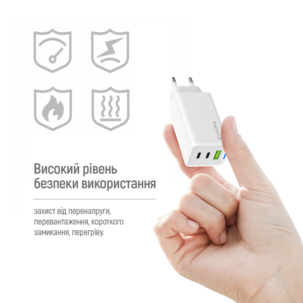 Мережевий зарядний пристрій ColorWay GaN Mini 65W PD Port PPS USB (USB-2C1A) cable Type-C&Lightning (CW-CHS058PDCL-WT), зображення 13