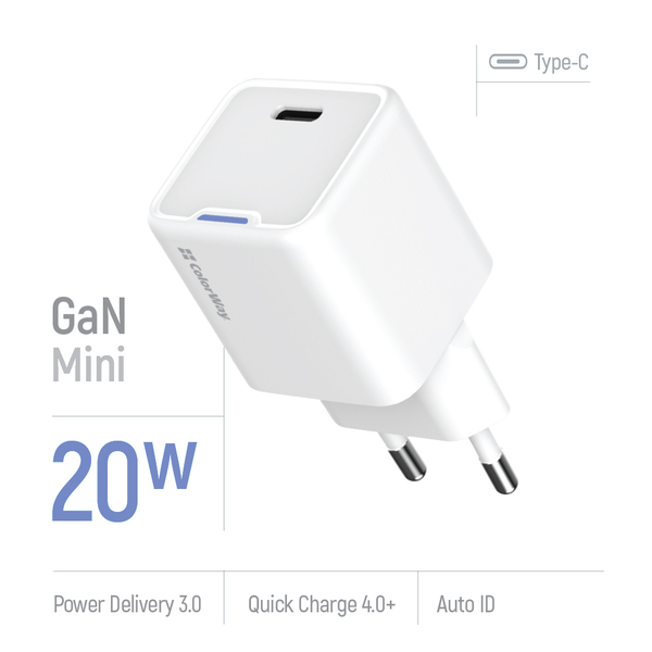 Мережевий зарядний пристрій ColorWay GaN Mini 20W PD Port PPS USB-C білий (CW-CHS059PD-WT), зображення 7