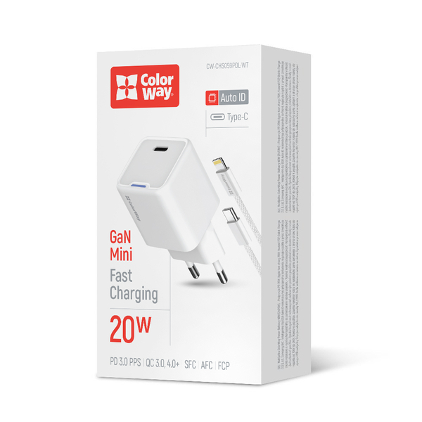 Мережевий зарядний пристрій ColorWay GaN Mini 20W PD Port PPS USB-C білий cable Lightning (CW-CHS059PDL-WT)