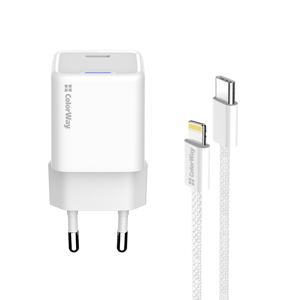 Мережевий зарядний пристрій ColorWay GaN Mini 20W PD Port PPS USB-C білий cable Lightning (CW-CHS059PDL-WT), изображение 4