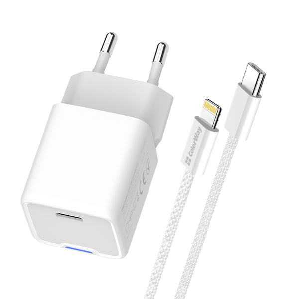 Мережевий зарядний пристрій ColorWay GaN Mini 20W PD Port PPS USB-C білий cable Lightning (CW-CHS059PDL-WT), изображение 5