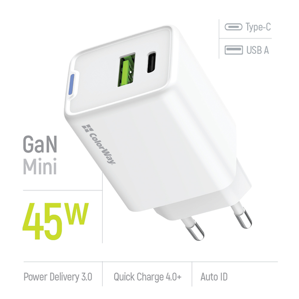 Мережевий зарядний пристрій ColorWay GaN Mini 45W PD Port PPS USB (Type-C PD + USB QC4.0) білий (CW-CHS060PD-WT), зображення 7