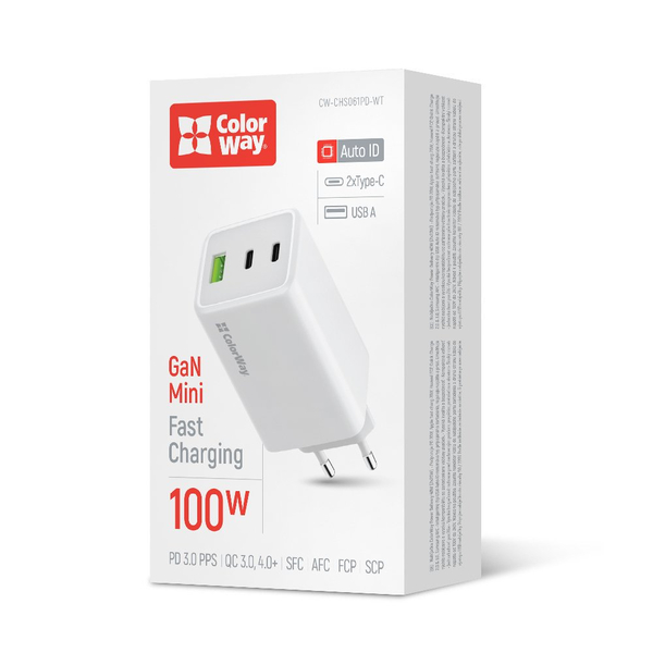 Мережевий зарядний пристрій ColorWay GaN Mini 100W PD Port PPS USB (USB-2C1A) білий (CW-CHS061PD-WT)