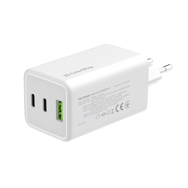 Мережевий зарядний пристрій ColorWay GaN Mini 100W PD Port PPS USB (USB-2C1A) білий (CW-CHS061PD-WT), изображение 4