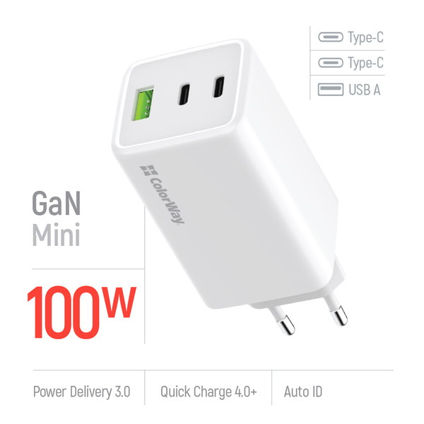Мережевий зарядний пристрій ColorWay GaN Mini 100W PD Port PPS USB (USB-2C1A) білий (CW-CHS061PD-WT), изображение 7