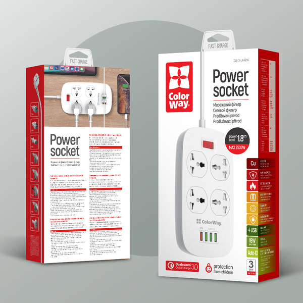Мережевий фільтр-подовжувач СolorWay 4 розетки/4USB (1QC3.0 + 3 AUTO ID) (CW-CHU44QW), зображення 2