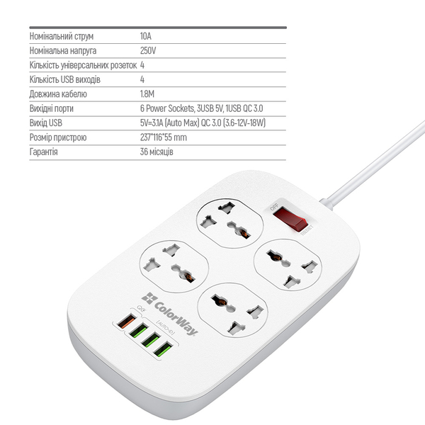 Мережевий фільтр-подовжувач СolorWay 4 розетки/4USB (1QC3.0 + 3 AUTO ID) (CW-CHU44QW), зображення 5