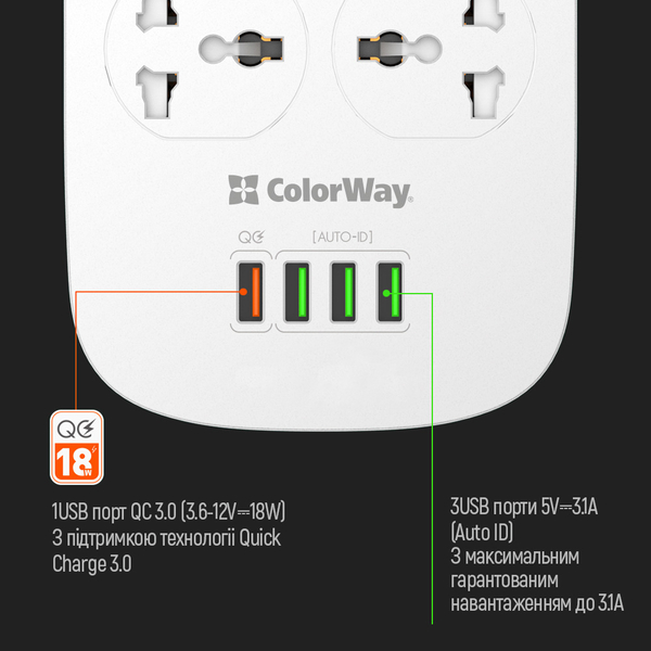 Мережевий фільтр-подовжувач СolorWay 4 розетки/4USB (1QC3.0 + 3 AUTO ID) (CW-CHU44QW), зображення 7
