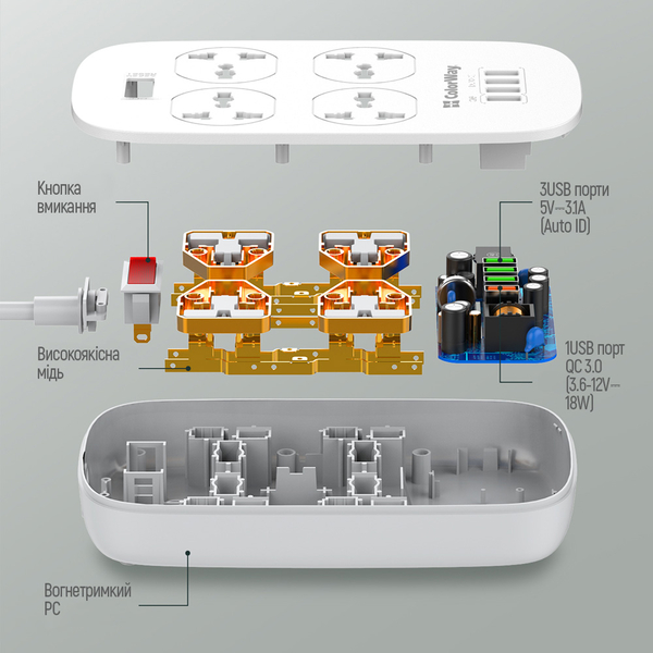 Мережевий фільтр-подовжувач СolorWay 4 розетки/4USB (1QC3.0 + 3 AUTO ID) (CW-CHU44QW), зображення 15