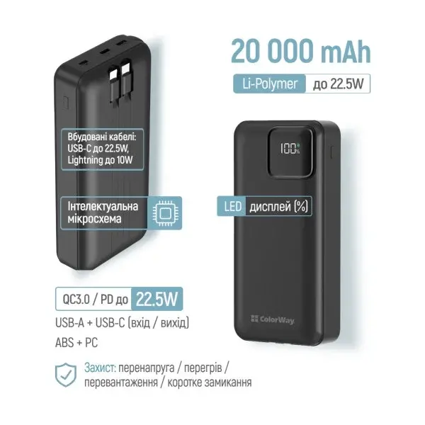 Портативна батарея ColorWay Power Bank 20 000 mAh Optimal Power (USB QC3.0 + USB-C PD 22.5W) Black (CW-PB200LPB5BK-PDD), изображение 5