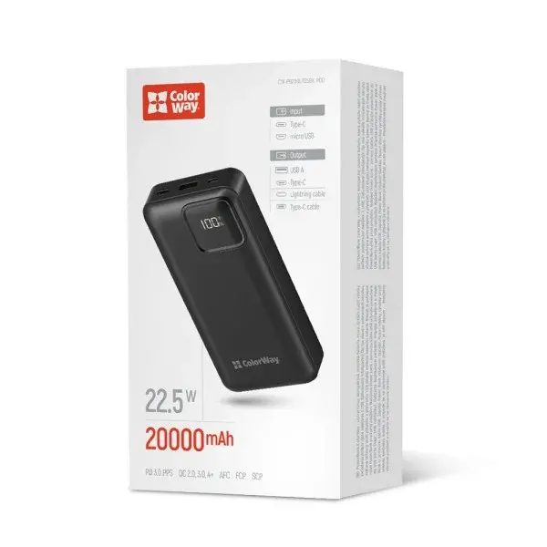 Портативна батарея ColorWay Power Bank 20 000 mAh Optimal Power (USB QC3.0 + USB-C PD 22.5W) Black (CW-PB200LPB5BK-PDD), изображение 6
