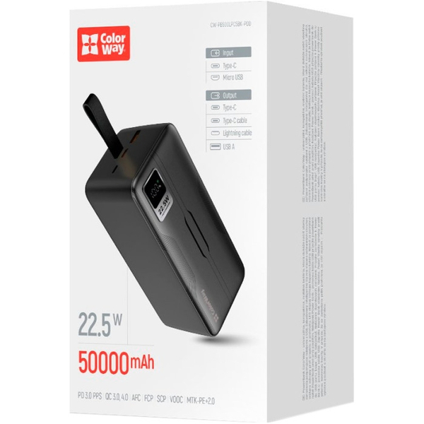 Портативна батарея ColorWay Power Bank 50 000 mAh Digital Display (USB QC3.0 + USB-C Power Delivery 22.5W) Black, изображение 6