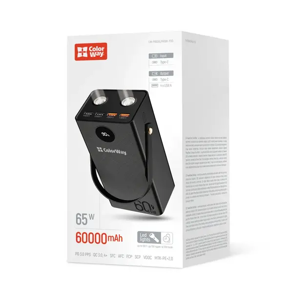 Повербанк (Powerbank) ColorWay Power Bank 60 000 mAh Powerful (USB QC3.0 + USB-C Power Delivery 65W) Black