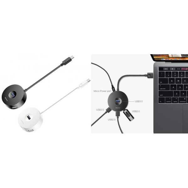 USB-хаб Baseus round box HUB adapter (Type-C to USB3.0*1+USB2.0*3) 10cm Black (CAHUB-G01), изображение 2