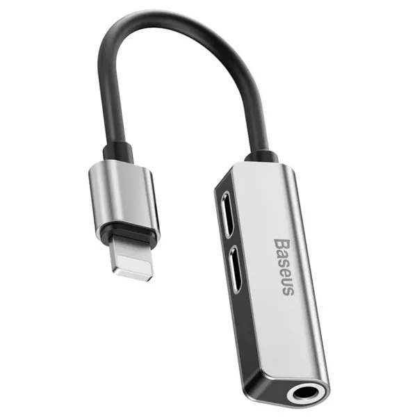 Переходник Baseus 3-in-1 iP Male to Dual iP & 3.5mm Female Adapter L52 Silver-black (CALL52-S1)