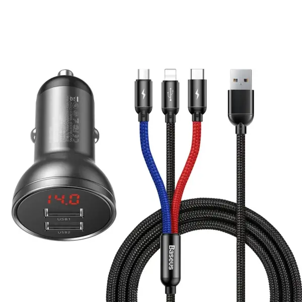Автомобільний зарядний пристрій Baseus Digital Display Dual USB 4.8A Car Charger 24W with Three Primary Colors 3-in-1 Cable USB 1.2M Black Suit Grey (TZCCBX-0G)